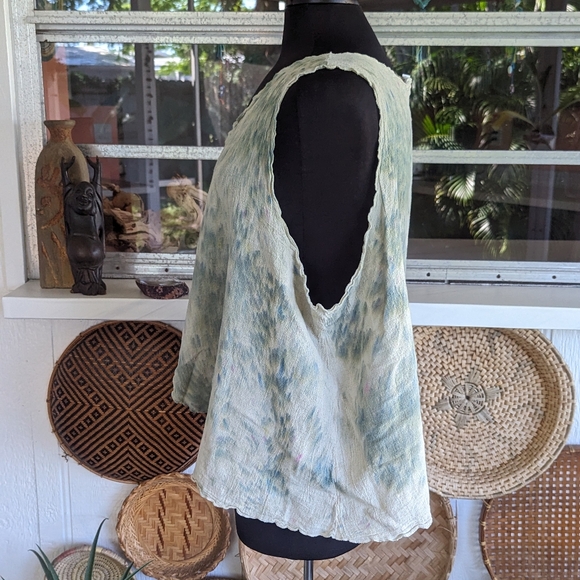 Artsy Tie Dye Gauze Vest Green Hippie Vacation Lagenlook Bohemian Sleeveless - Picture 9 of 11